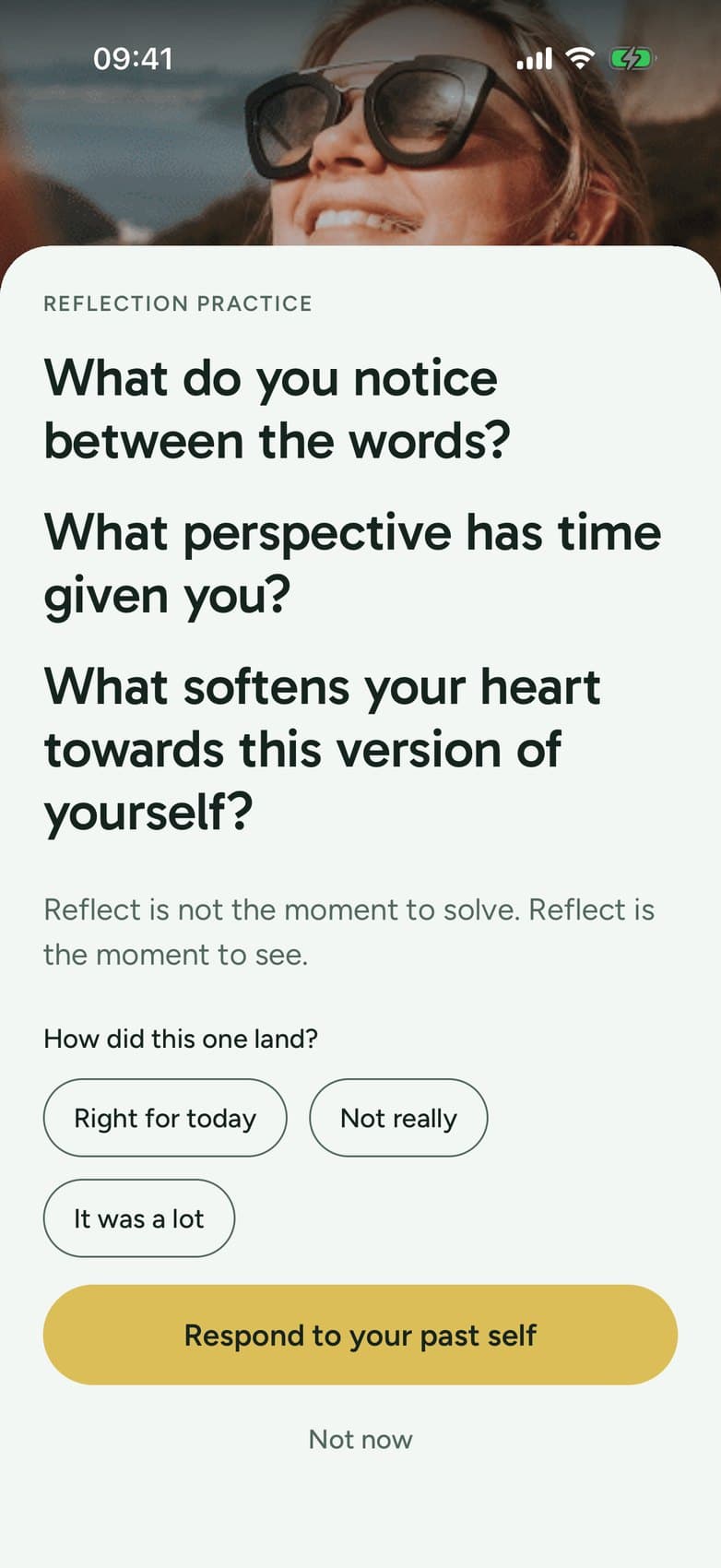 Reflecting in the INNATE app: an earlier video entry plays above "Reflection practice" and three questions, starting with "What do you notice between the words?"