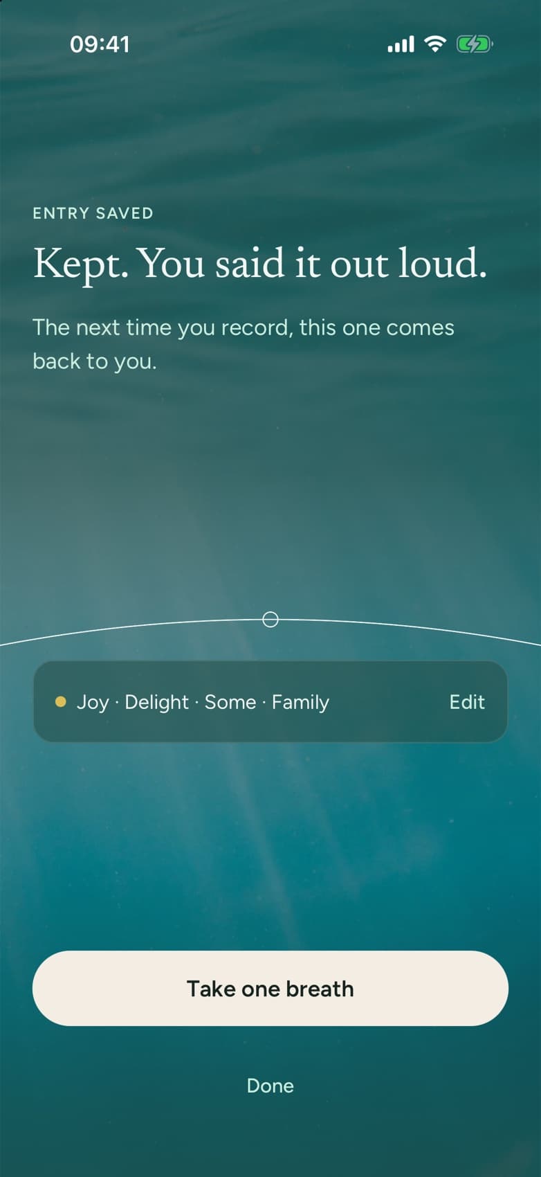 INNATE after recording: "Kept. You said it out loud. The next time you record, this one comes back to you." The entry is tagged Joy, Delight, Family.